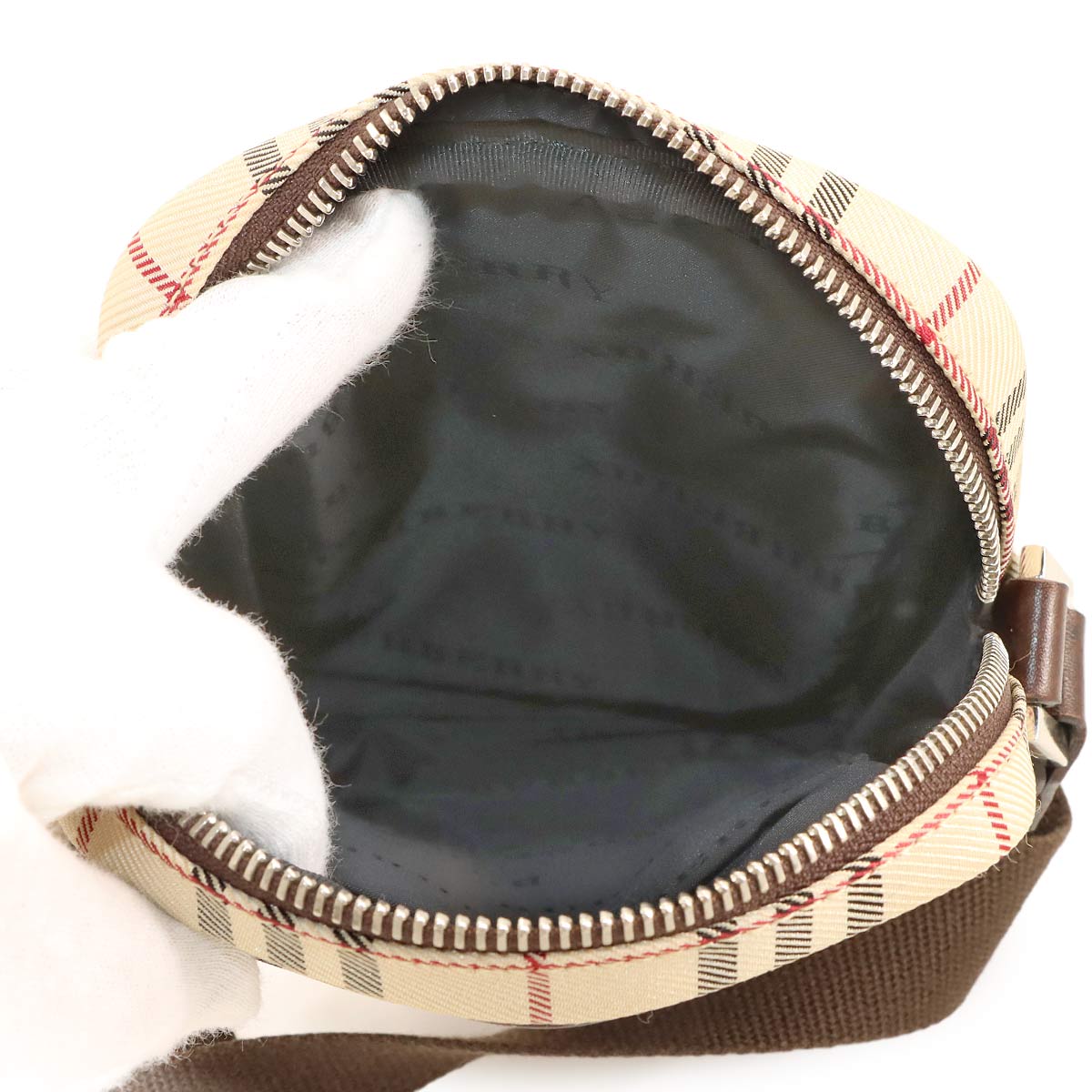 Plaid Shoulder Bag Canvas Leather Beige Brown Purse