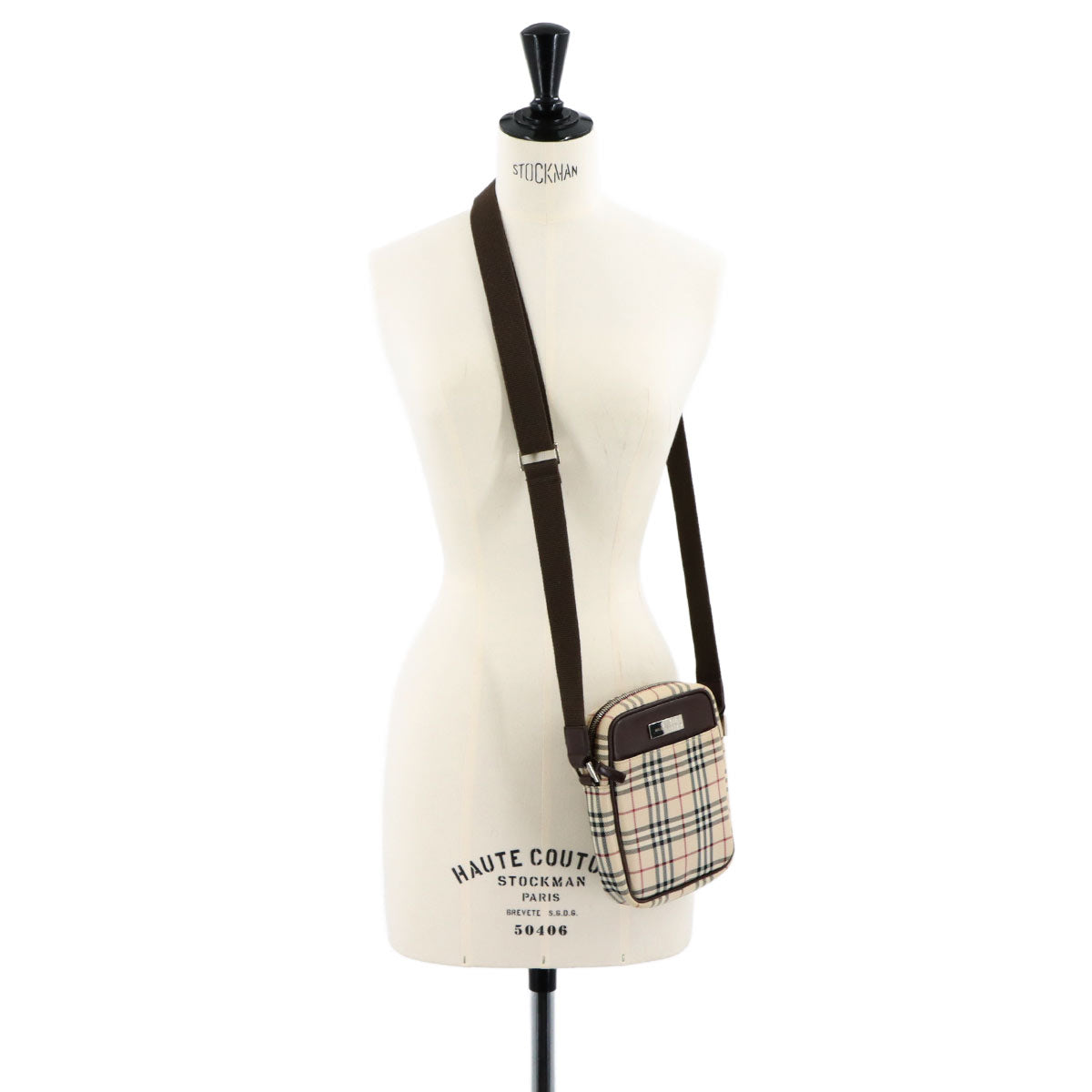 Plaid Shoulder Bag Canvas Leather Beige Brown Purse
