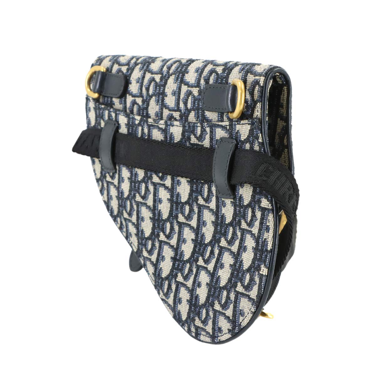 Oblique Saddle Belt Pouch Bag Canvas Leather Navy