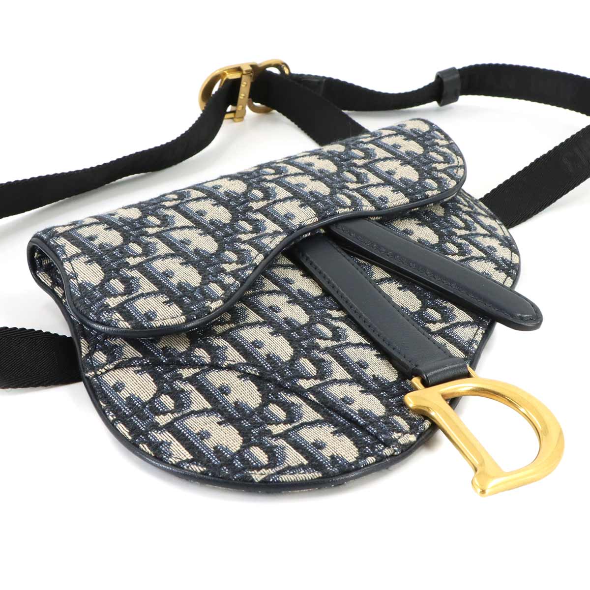 Oblique Saddle Belt Pouch Bag Canvas Leather Navy
