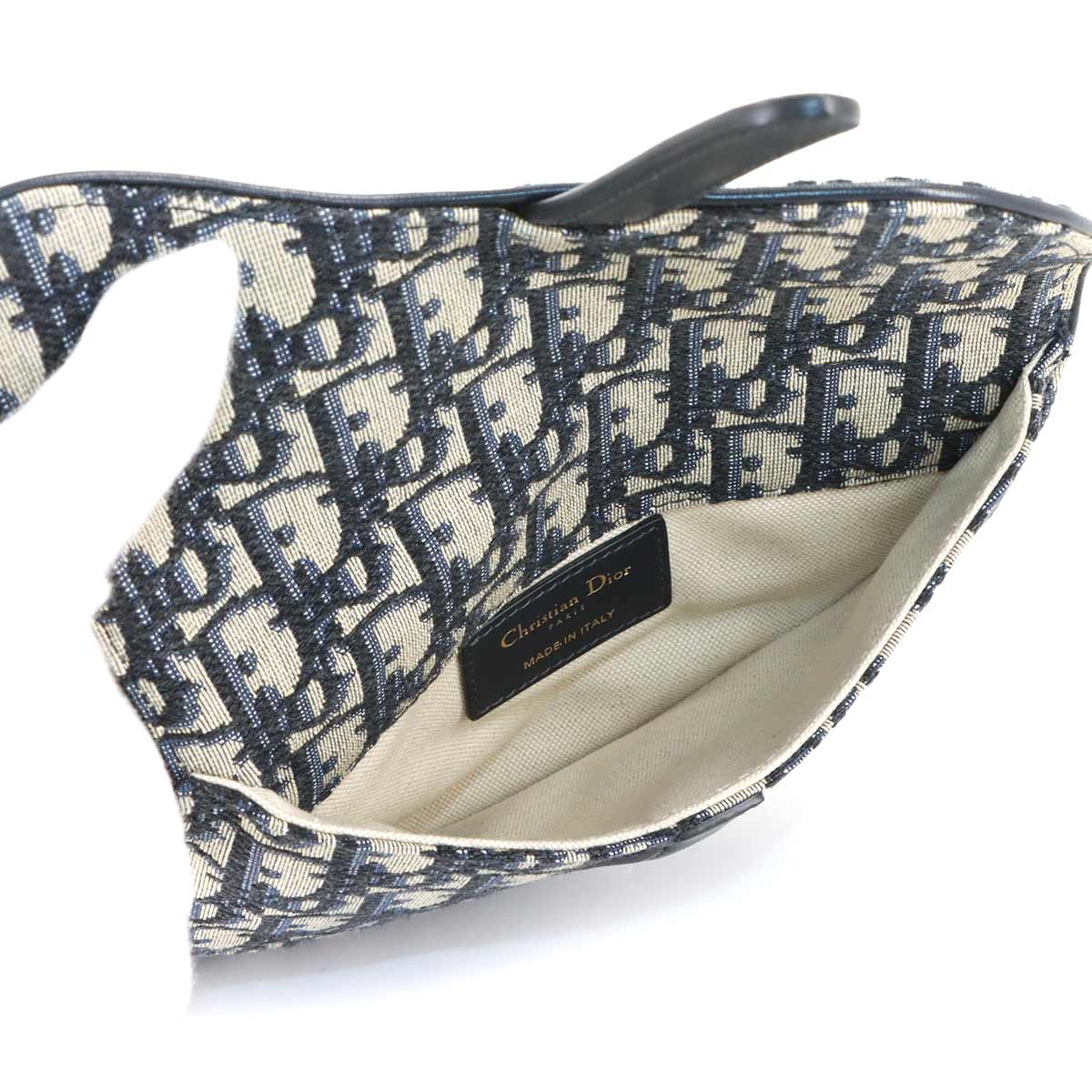 Oblique Saddle Belt Pouch Bag Canvas Leather Navy