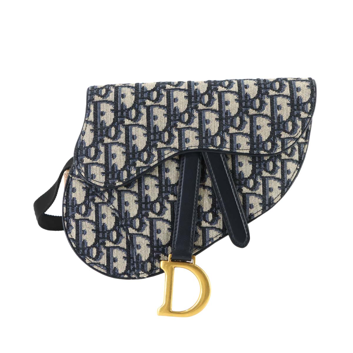 Oblique Saddle Belt Pouch Bag Canvas Leather Navy