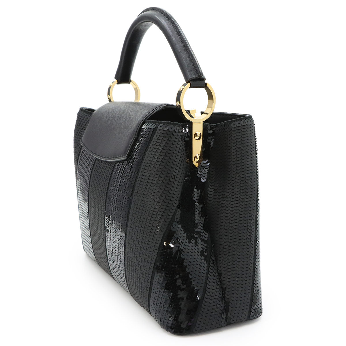 Capucines BB Hand Shoulder Bag Sequins Leather Black
