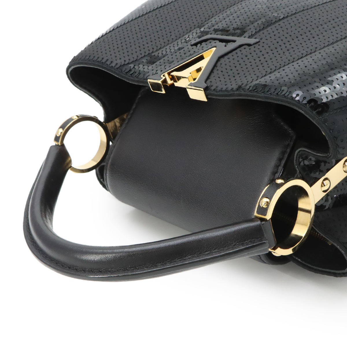 Capucines BB Hand Shoulder Bag Sequins Leather Black