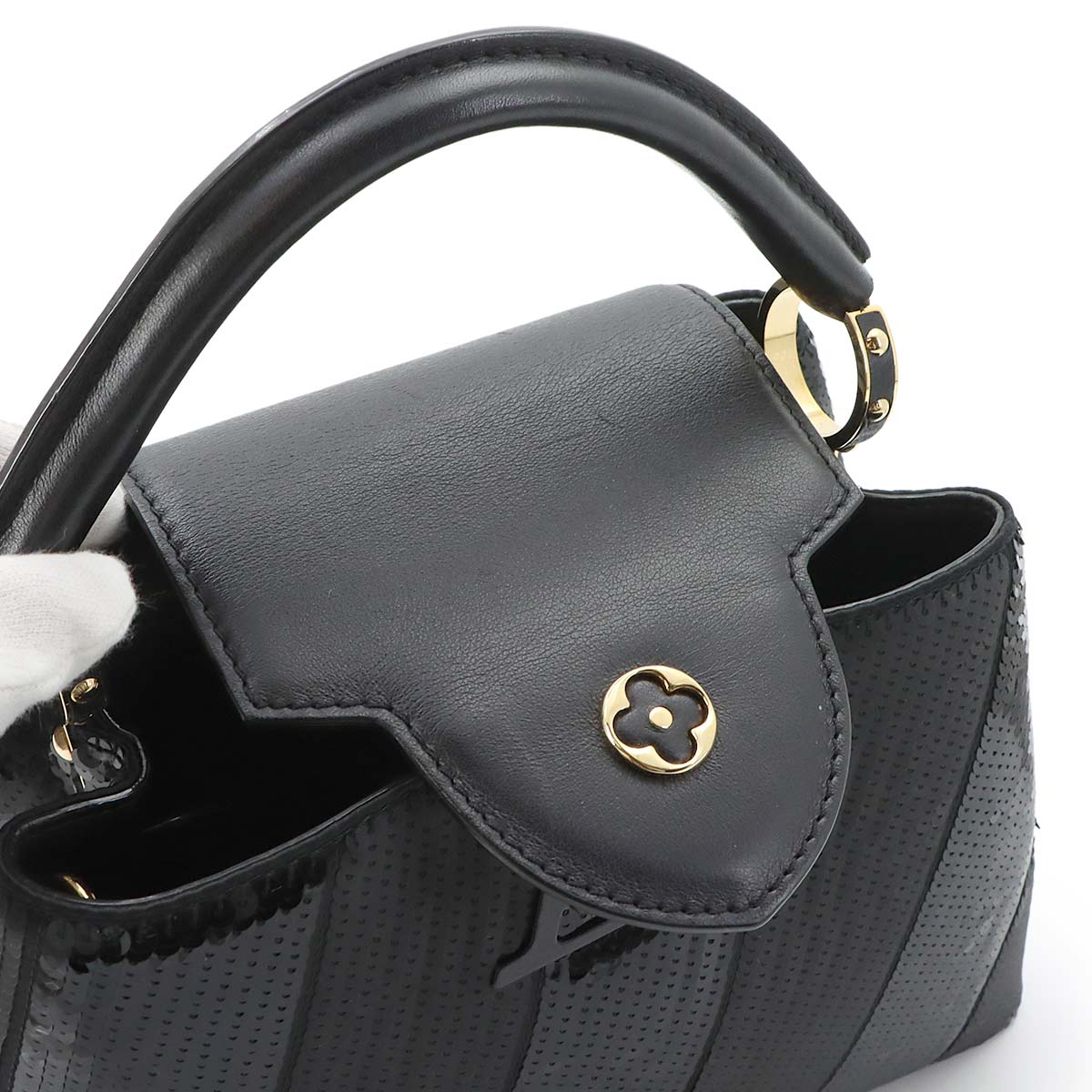 Capucines BB Hand Shoulder Bag Sequins Leather Black
