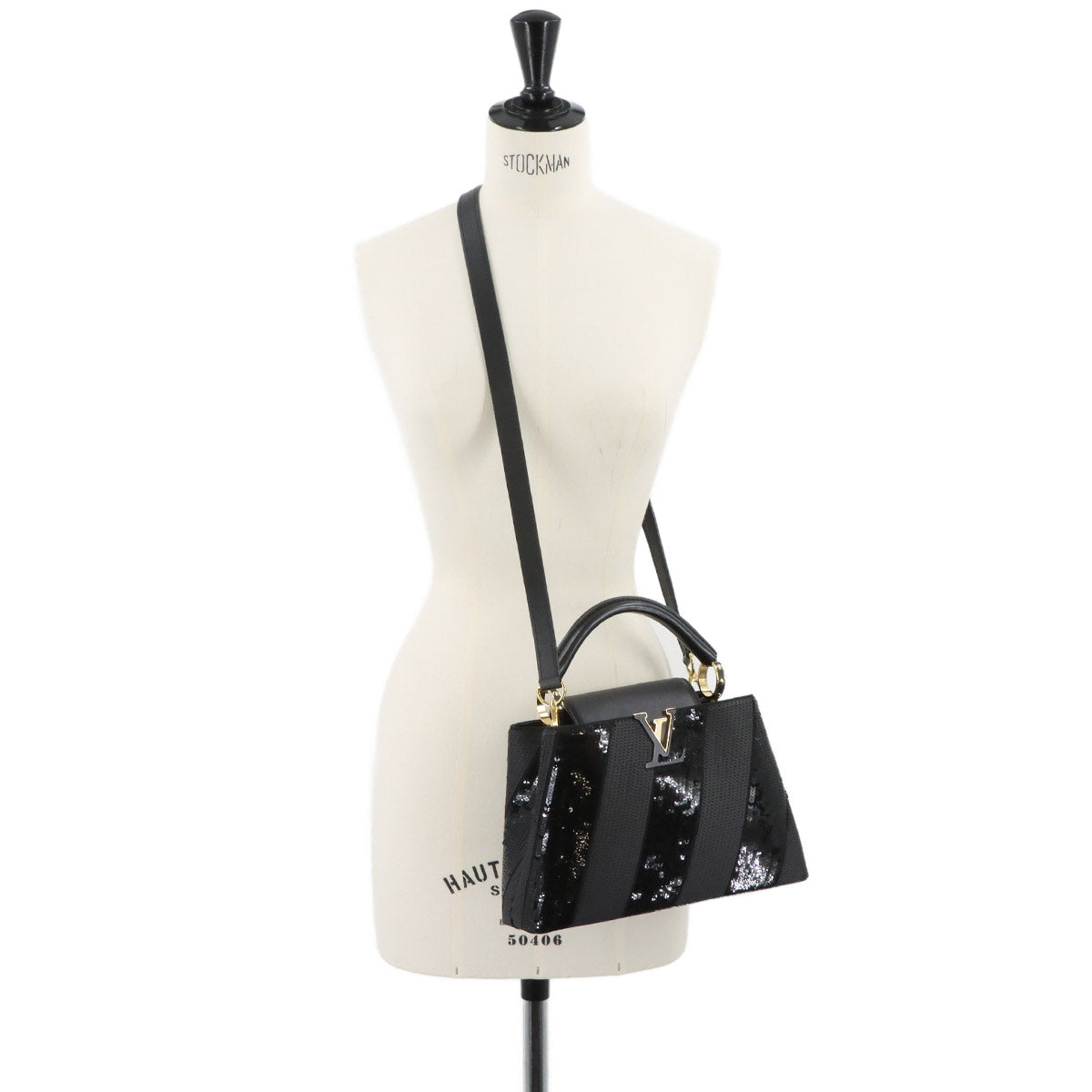 Capucines BB Hand Shoulder Bag Sequins Leather Black