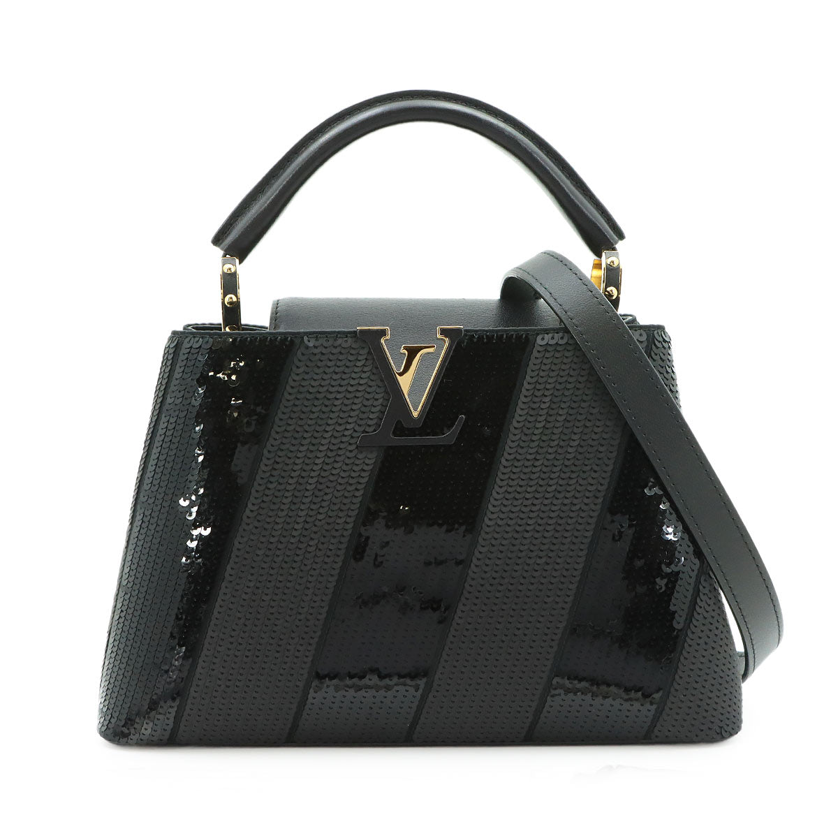 Capucines BB Hand Shoulder Bag Sequins Leather Black