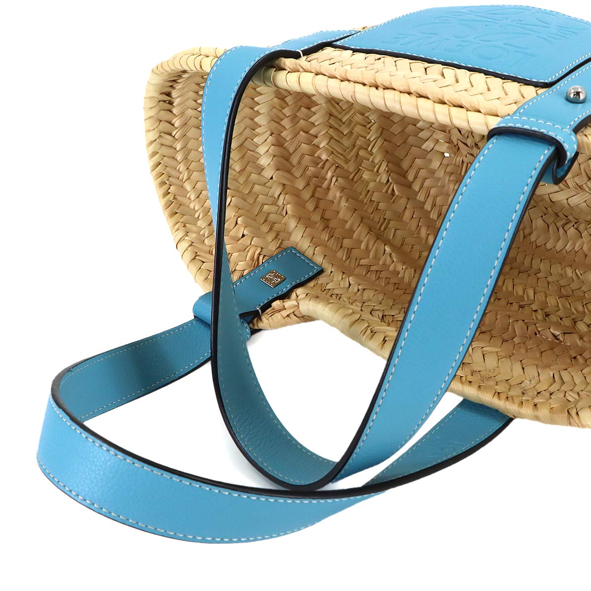 Basket Bag Small Raffia Leather Natural Light Blue Purse
