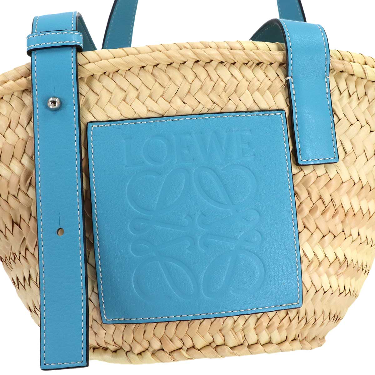 Basket Bag Small Raffia Leather Natural Light Blue Purse