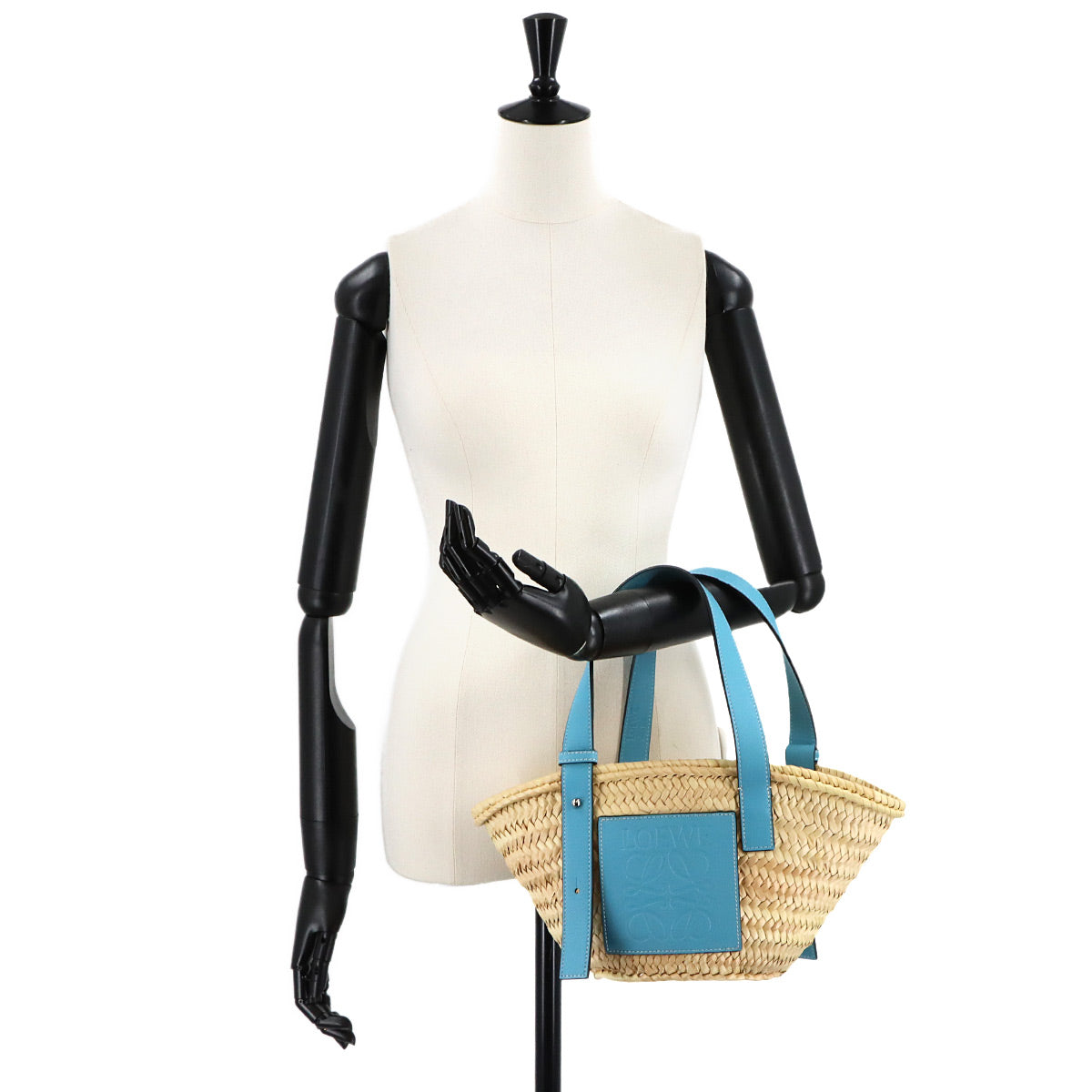Basket Bag Small Raffia Leather Natural Light Blue Purse
