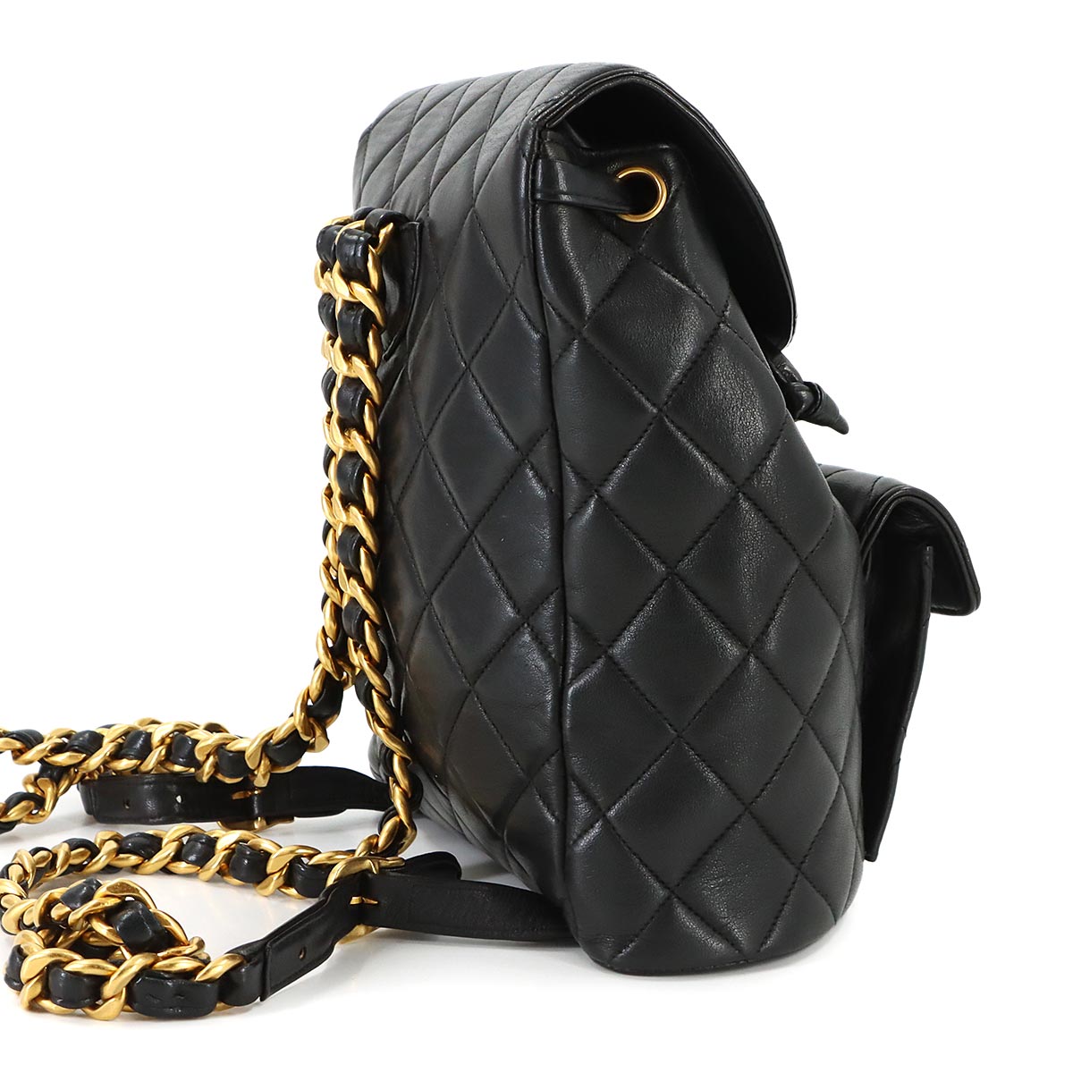 Matelasse Chain Backpack Leather Black duma Purse Vintage