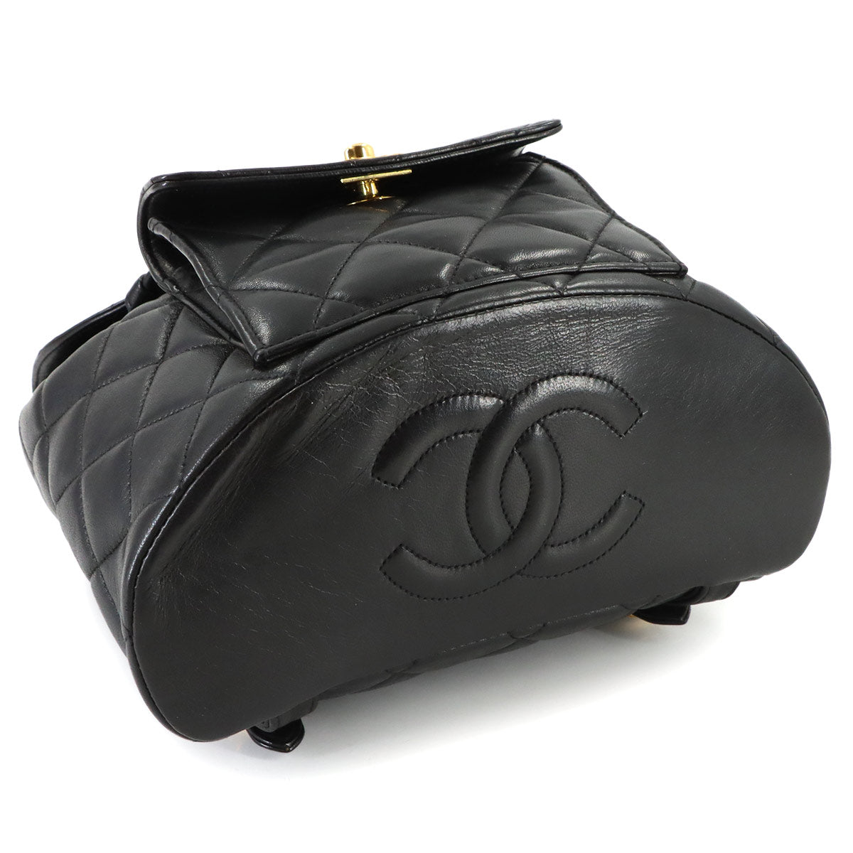 Matelasse Chain Backpack Leather Black duma Purse Vintage