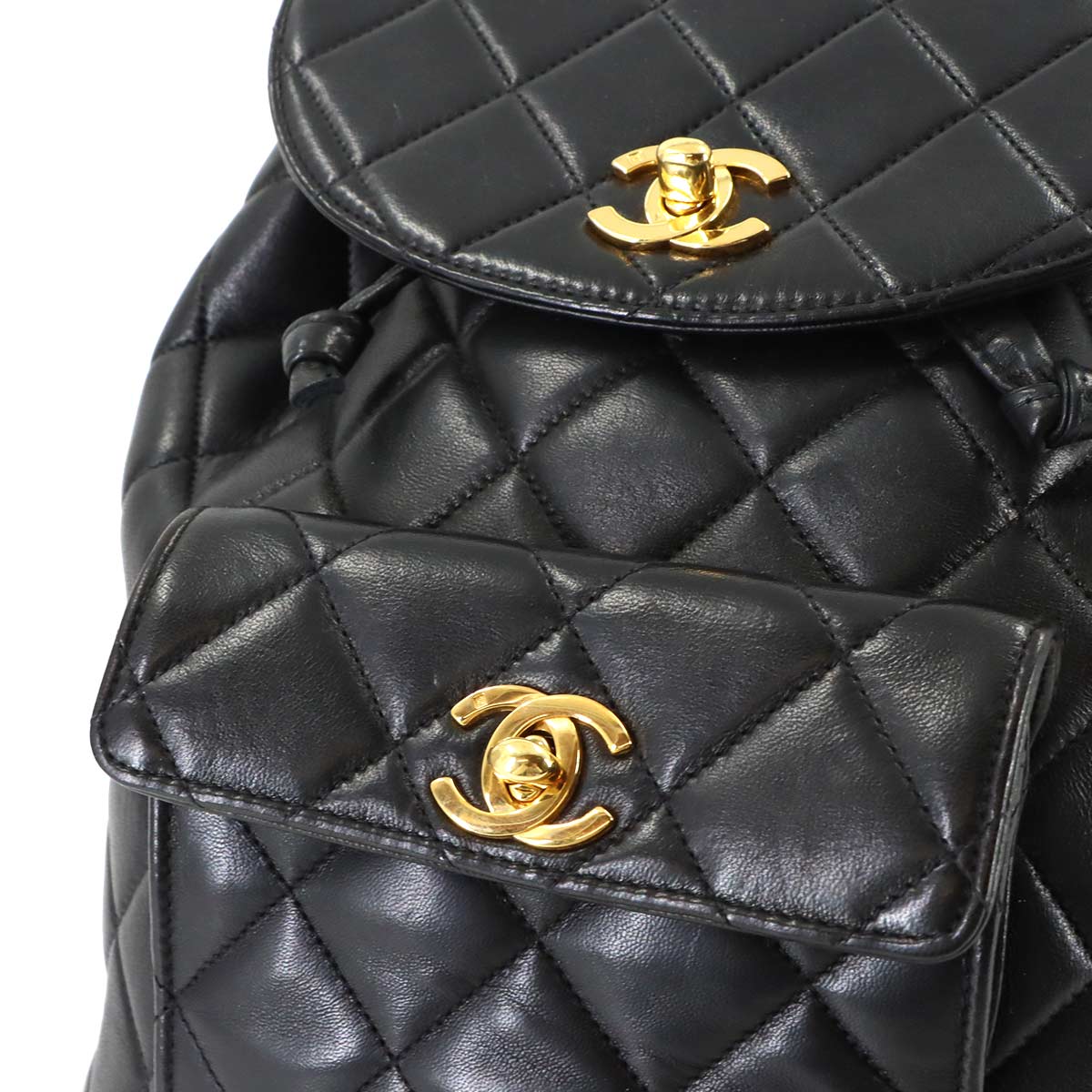 Matelasse Chain Backpack Leather Black duma Purse Vintage