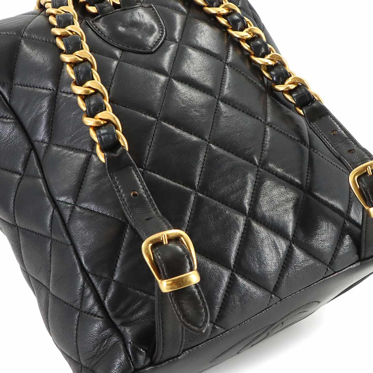 Matelasse Chain Backpack Leather Black duma Purse Vintage