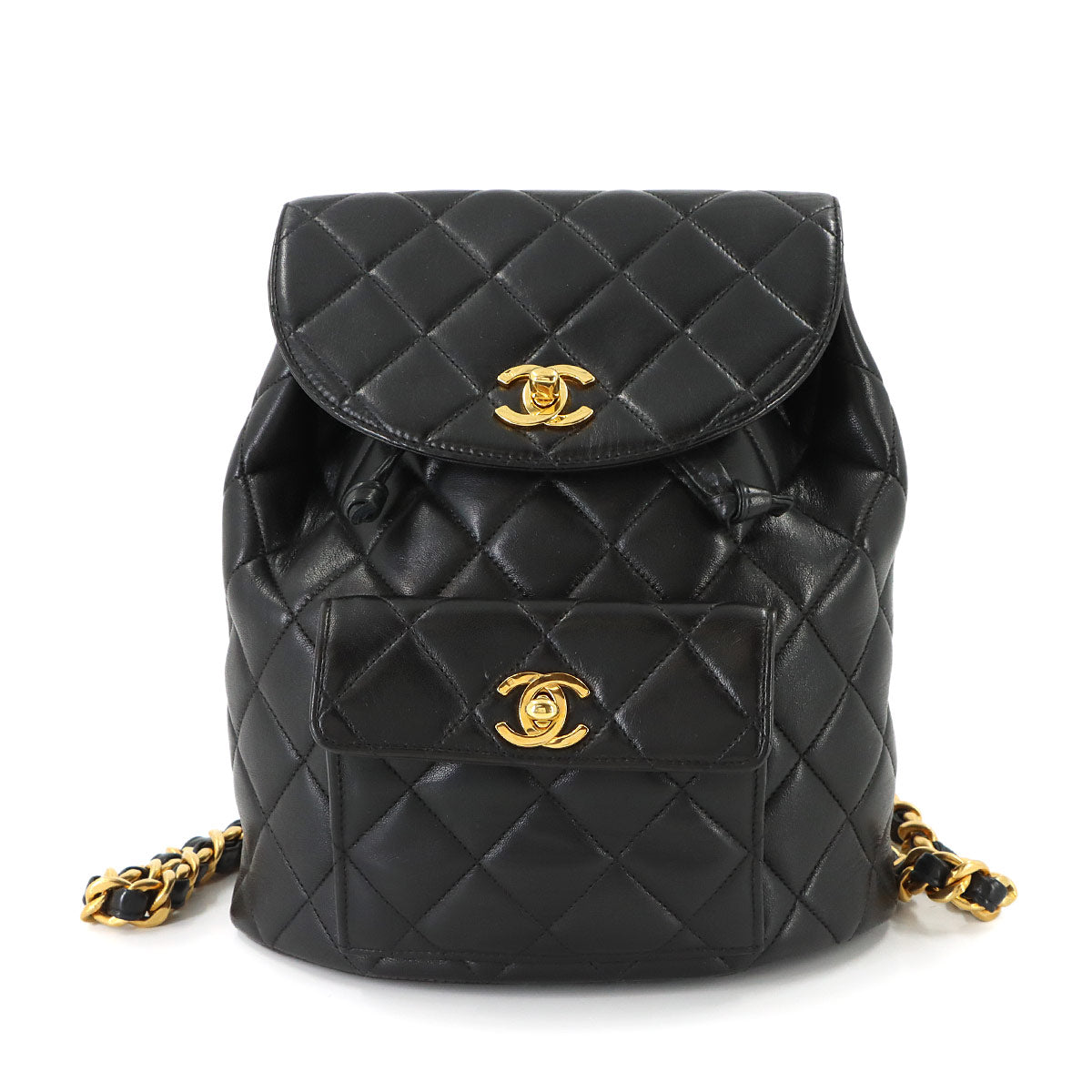 Matelasse Chain Backpack Leather Black duma Purse Vintage