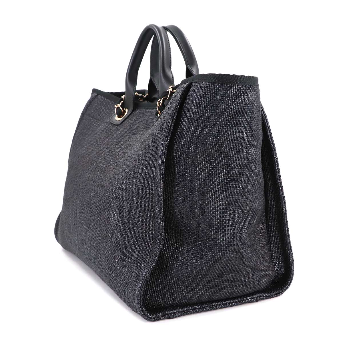 Deauville GM Tote Chain Shoulder Bag Raffia Gray Black A66941