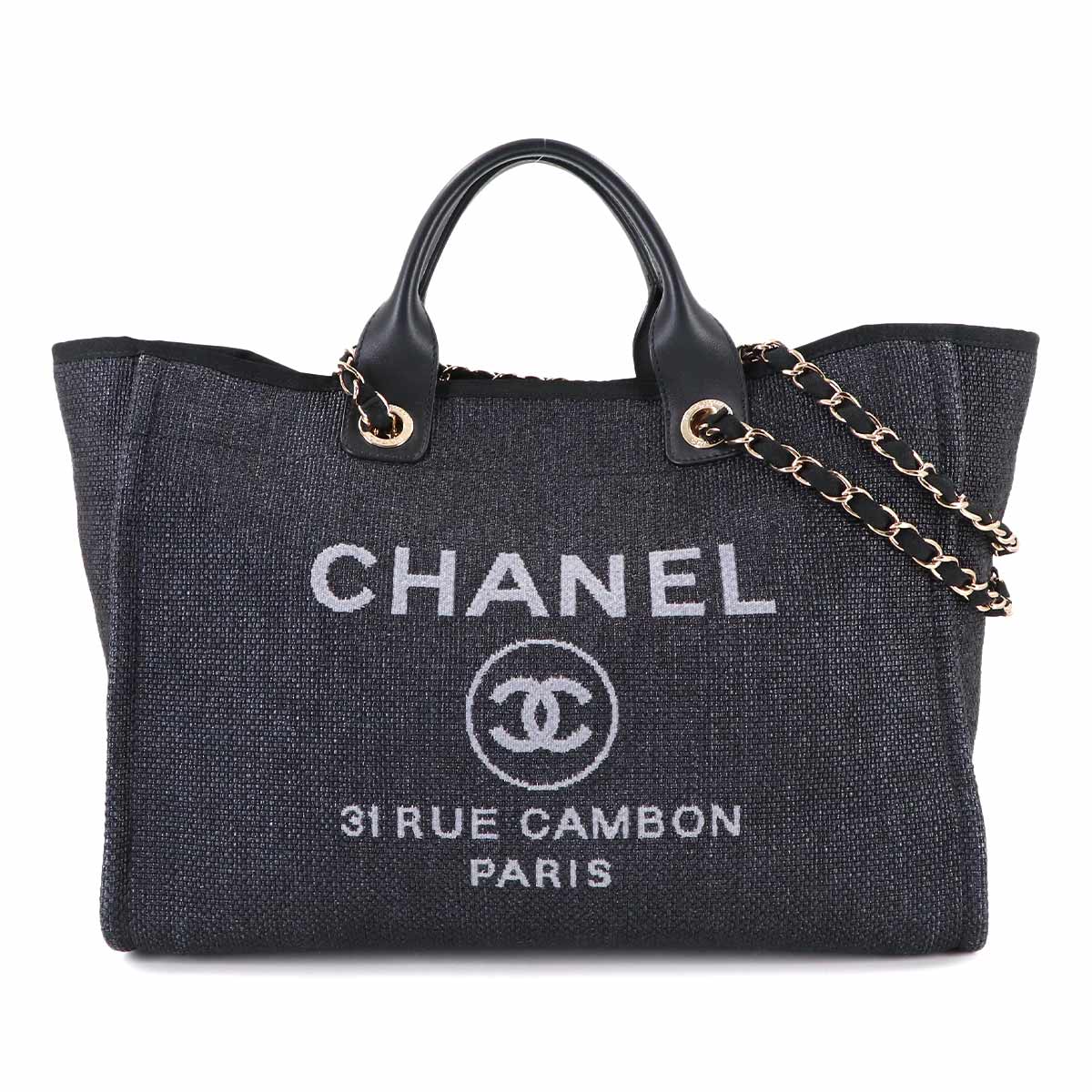 Deauville GM Tote Chain Shoulder Bag Raffia Gray Black A66941