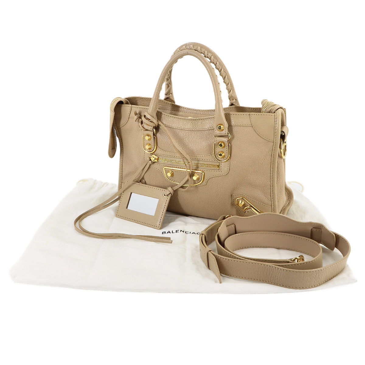 Metallic Edge City Hand Shoulder Bag Leather Beige 432831