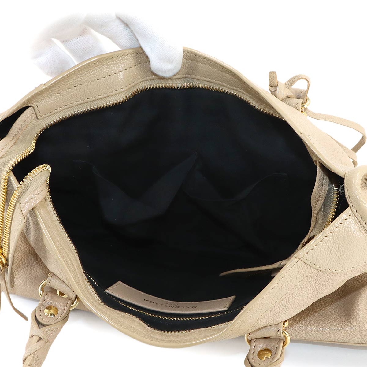 Metallic Edge City Hand Shoulder Bag Leather Beige 432831