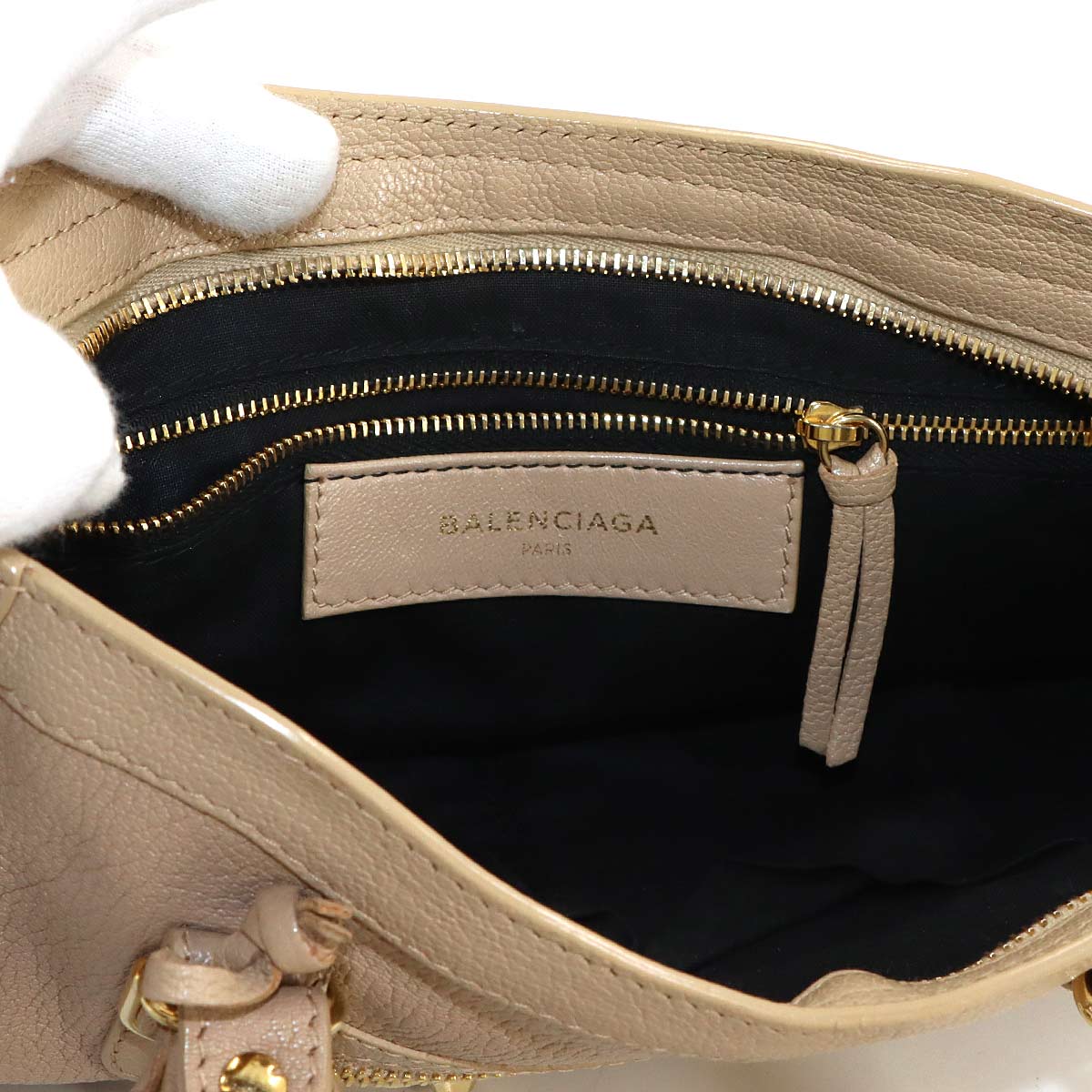 Metallic Edge City Hand Shoulder Bag Leather Beige 432831