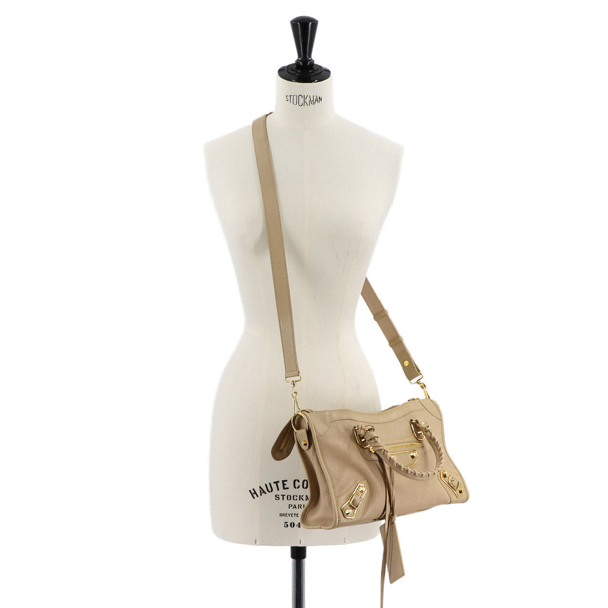 Metallic Edge City Hand Shoulder Bag Leather Beige 432831