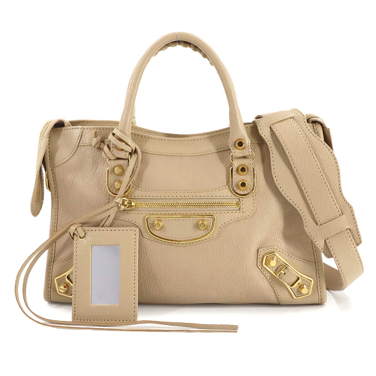 Metallic Edge City Hand Shoulder Bag Leather Beige 432831