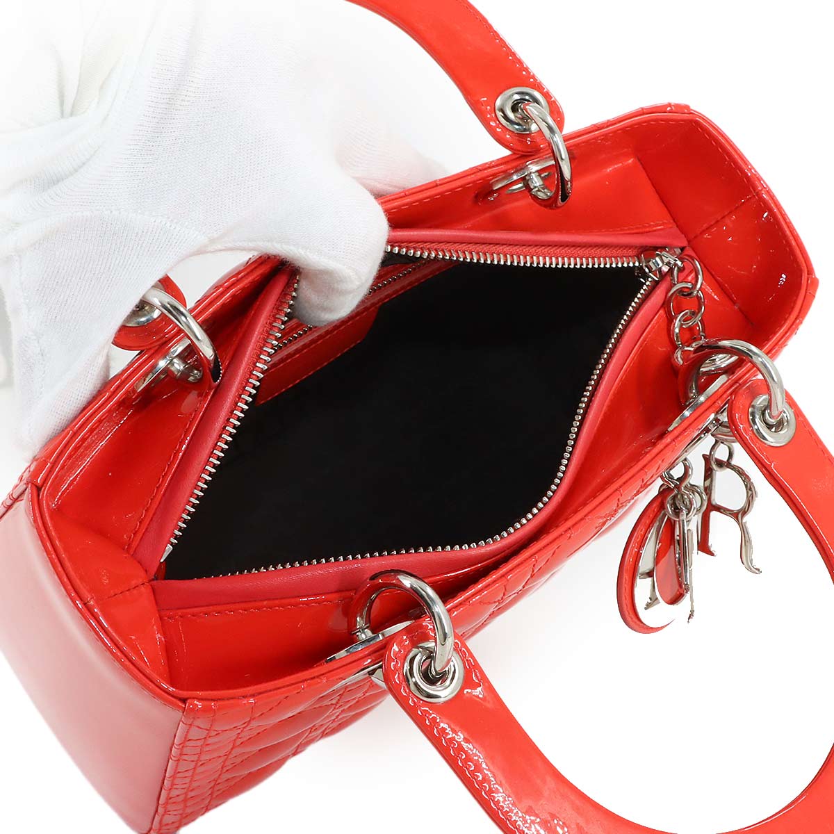 Chiristian Dior Lady Dior Medium Hand Shoulder Bag Enamel Red