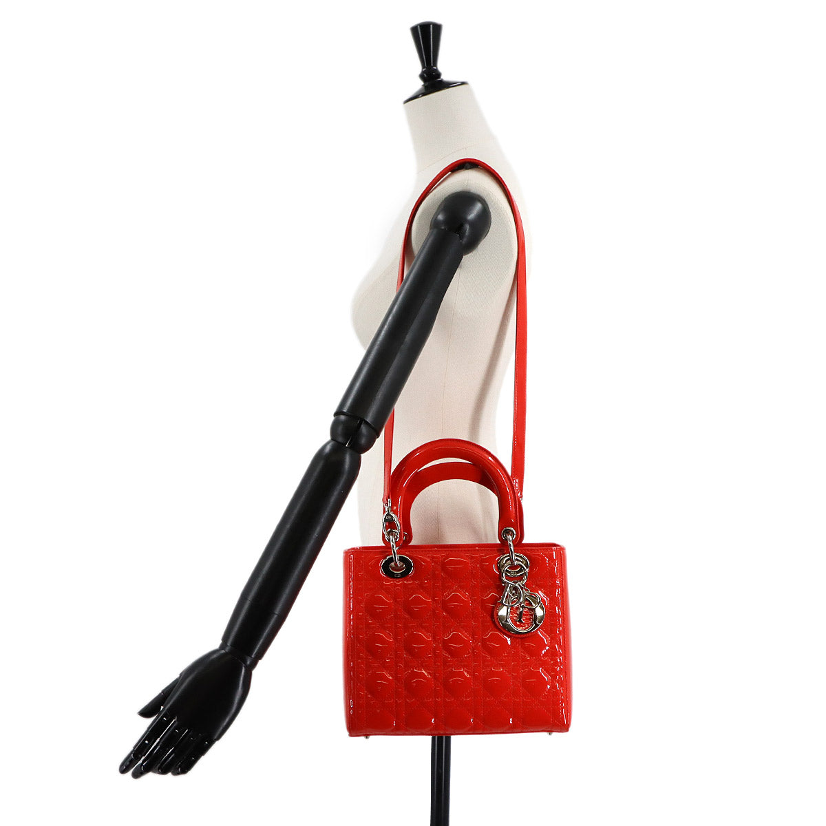 Chiristian Dior Lady Dior Medium Hand Shoulder Bag Enamel Red