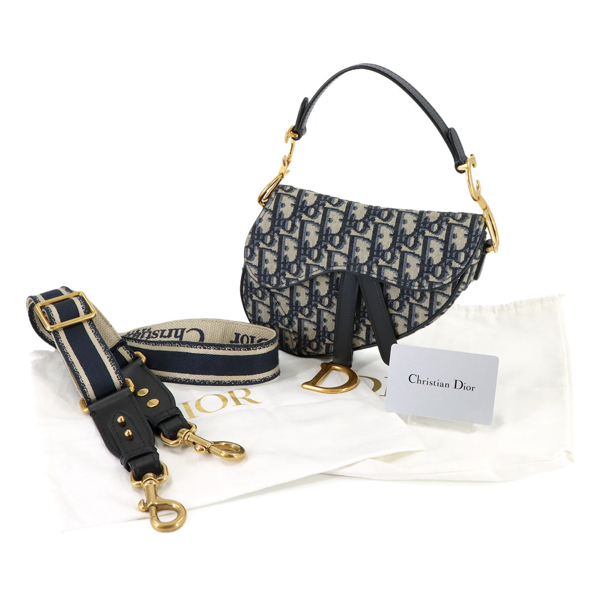 Saddle Mini Hand Shoulder Bag Canvas Leather Navy