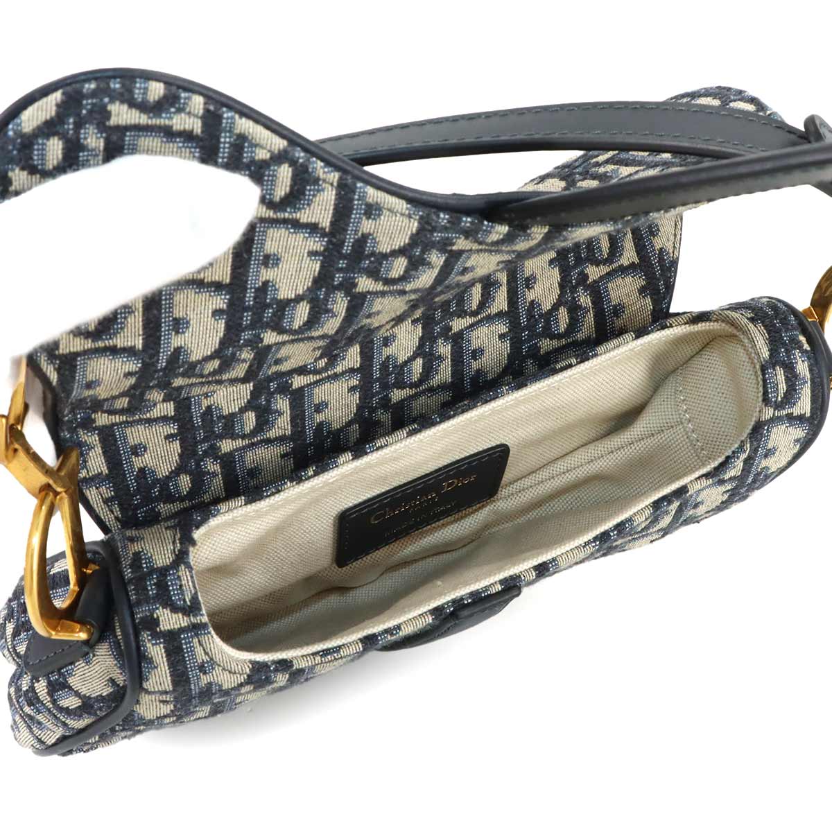 Saddle Mini Hand Shoulder Bag Canvas Leather Navy