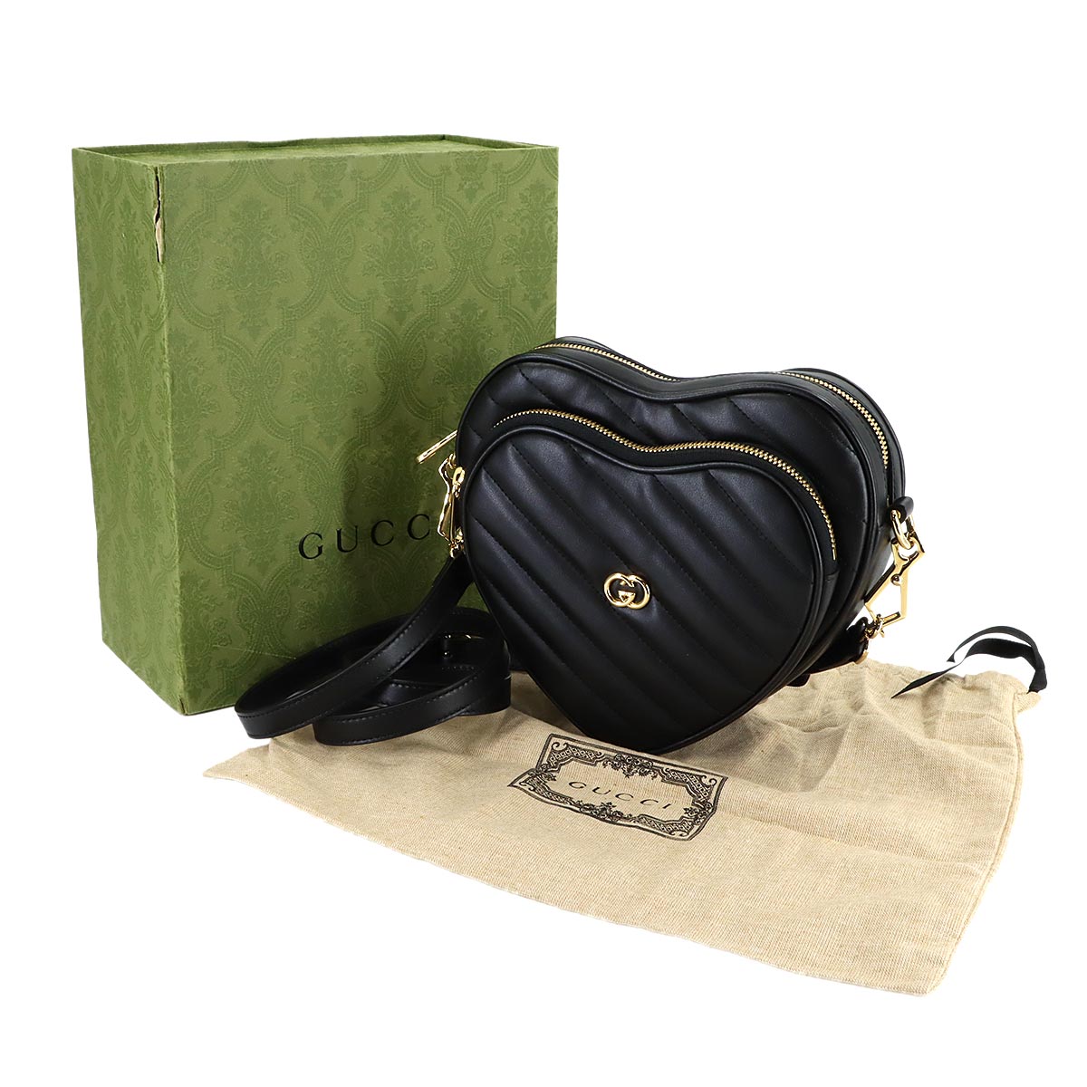 Interlocking G Heart Shoulder Bag Leather Black 751628 Purse