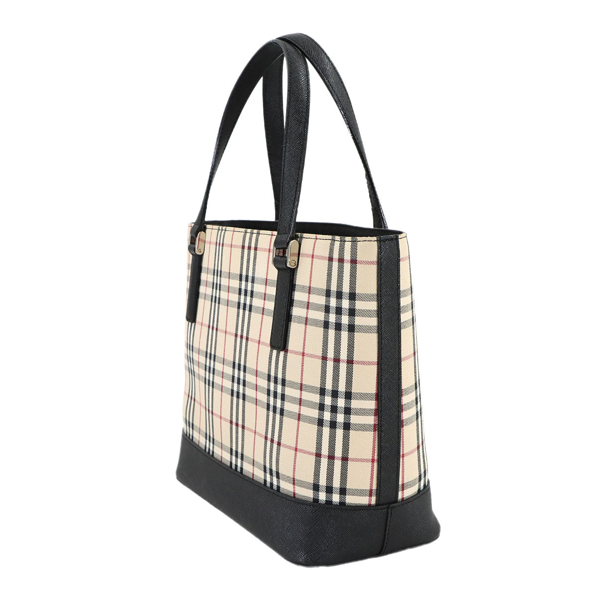 Plaid Hand Bag Canvas Leather Beige Black Purse