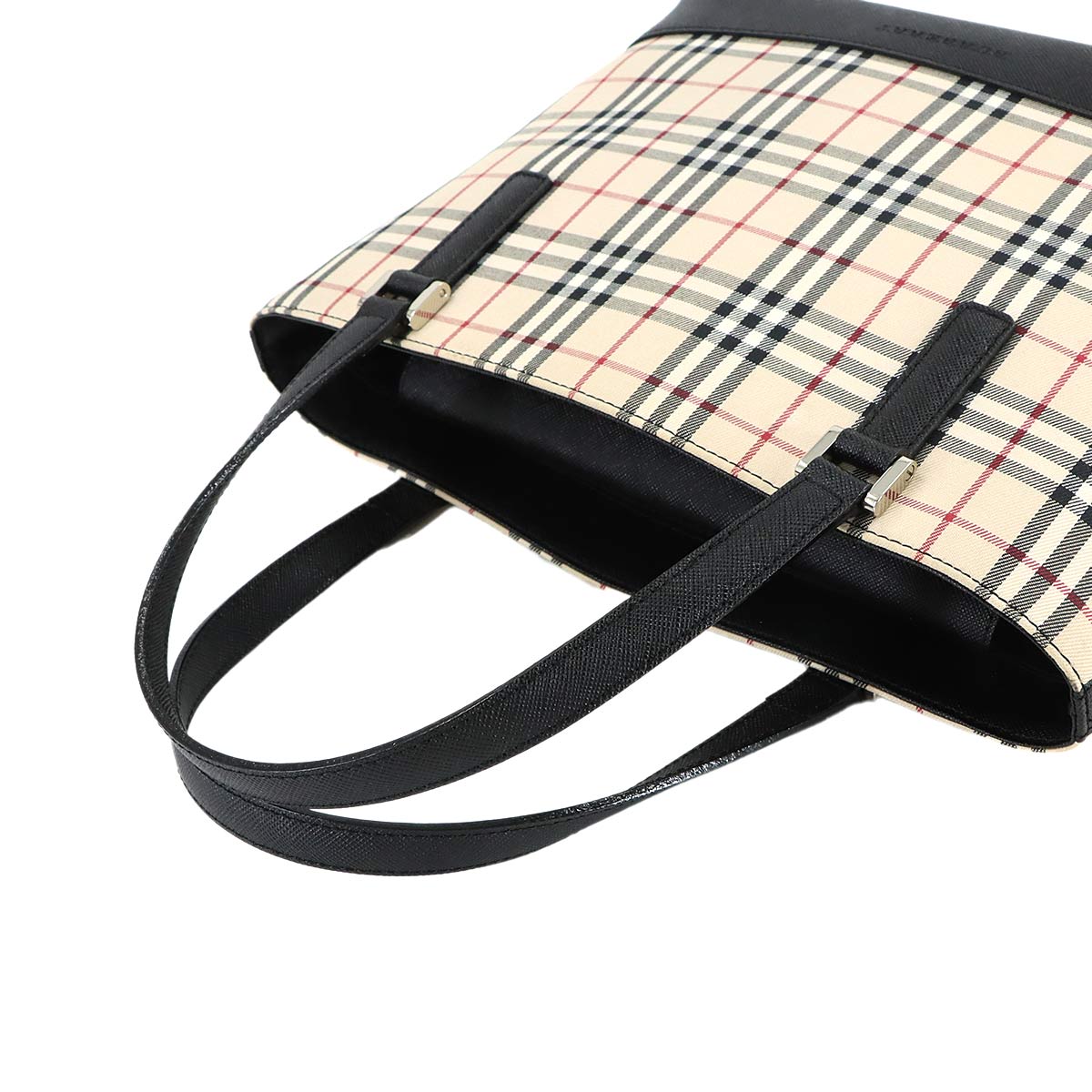 Plaid Hand Bag Canvas Leather Beige Black Purse