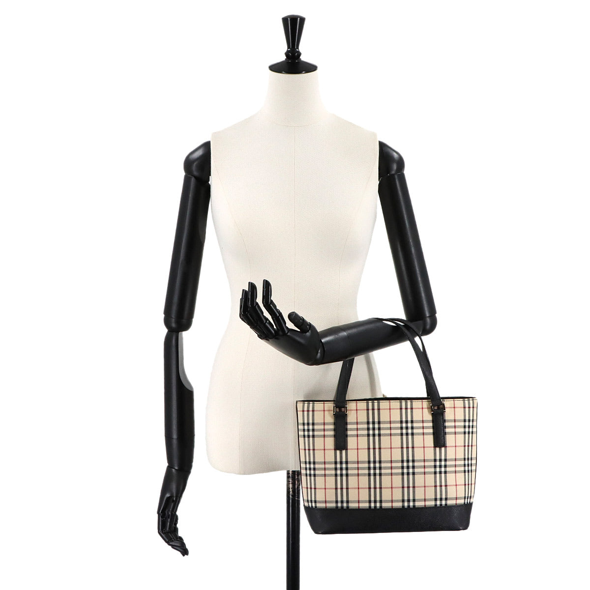 Plaid Hand Bag Canvas Leather Beige Black Purse