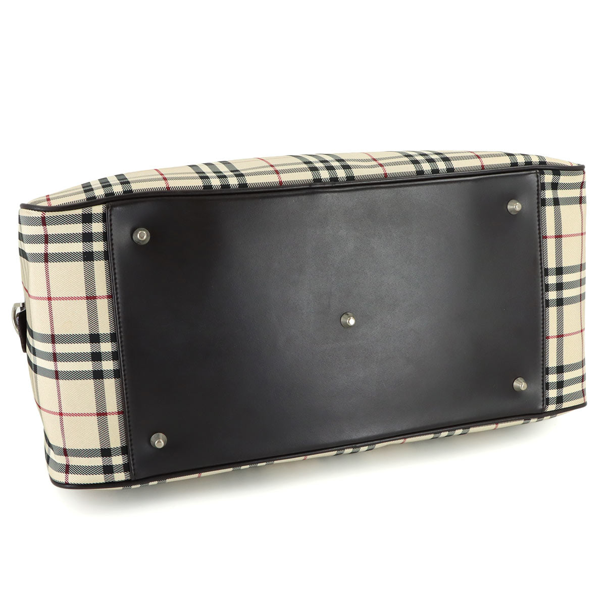 Plaid Boston Shoulder Bag Canvas Leather Beige Brown