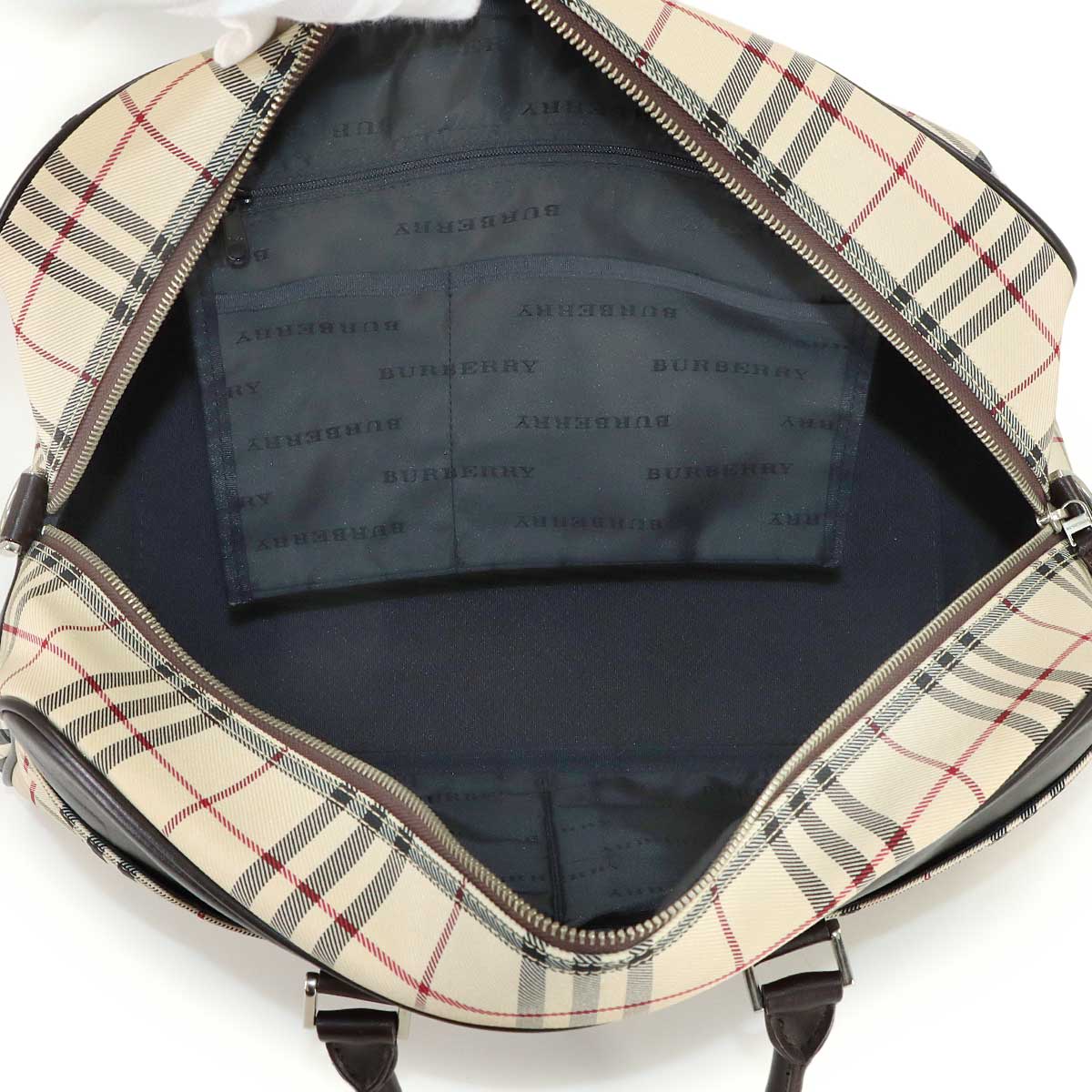 Plaid Boston Shoulder Bag Canvas Leather Beige Brown