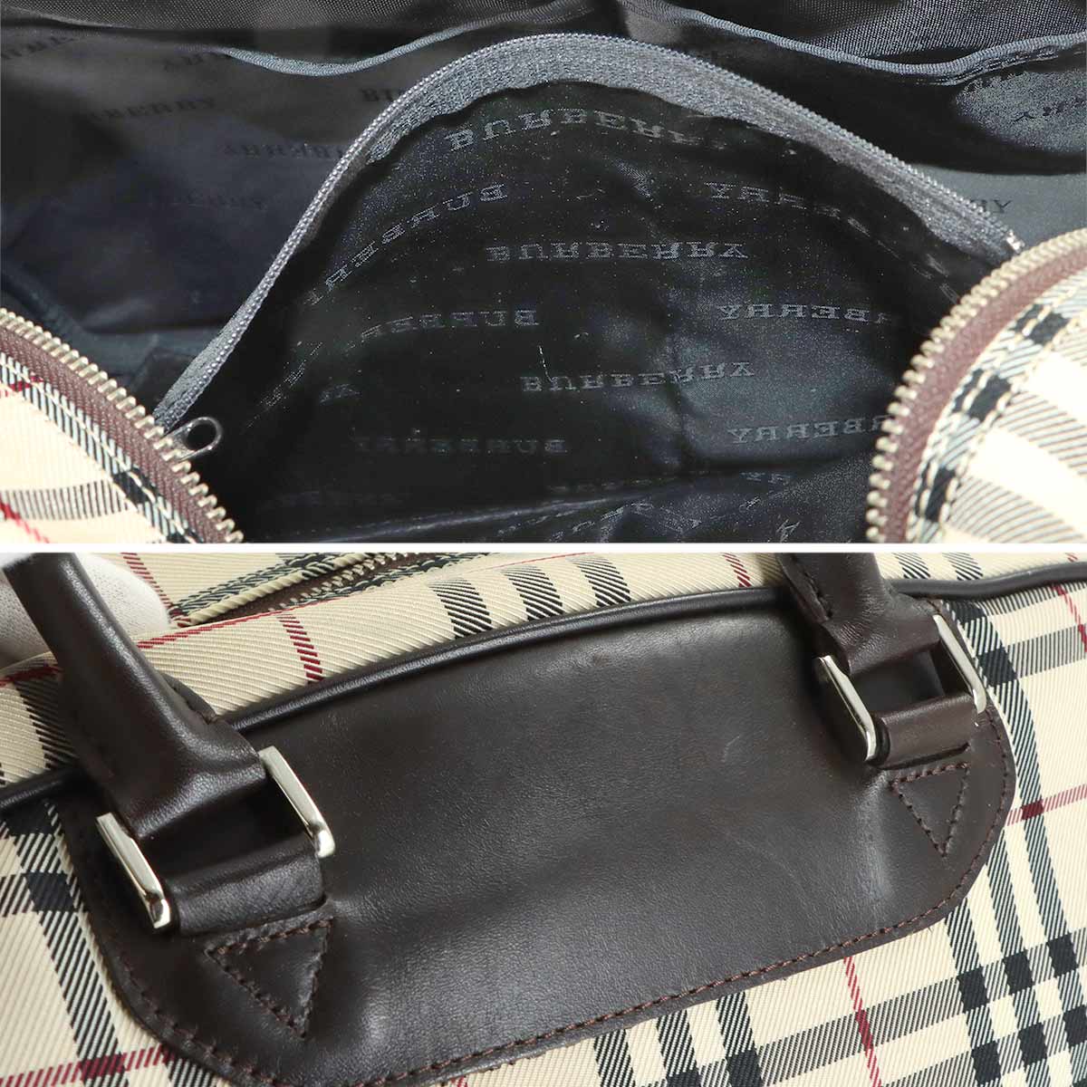 Plaid Boston Shoulder Bag Canvas Leather Beige Brown