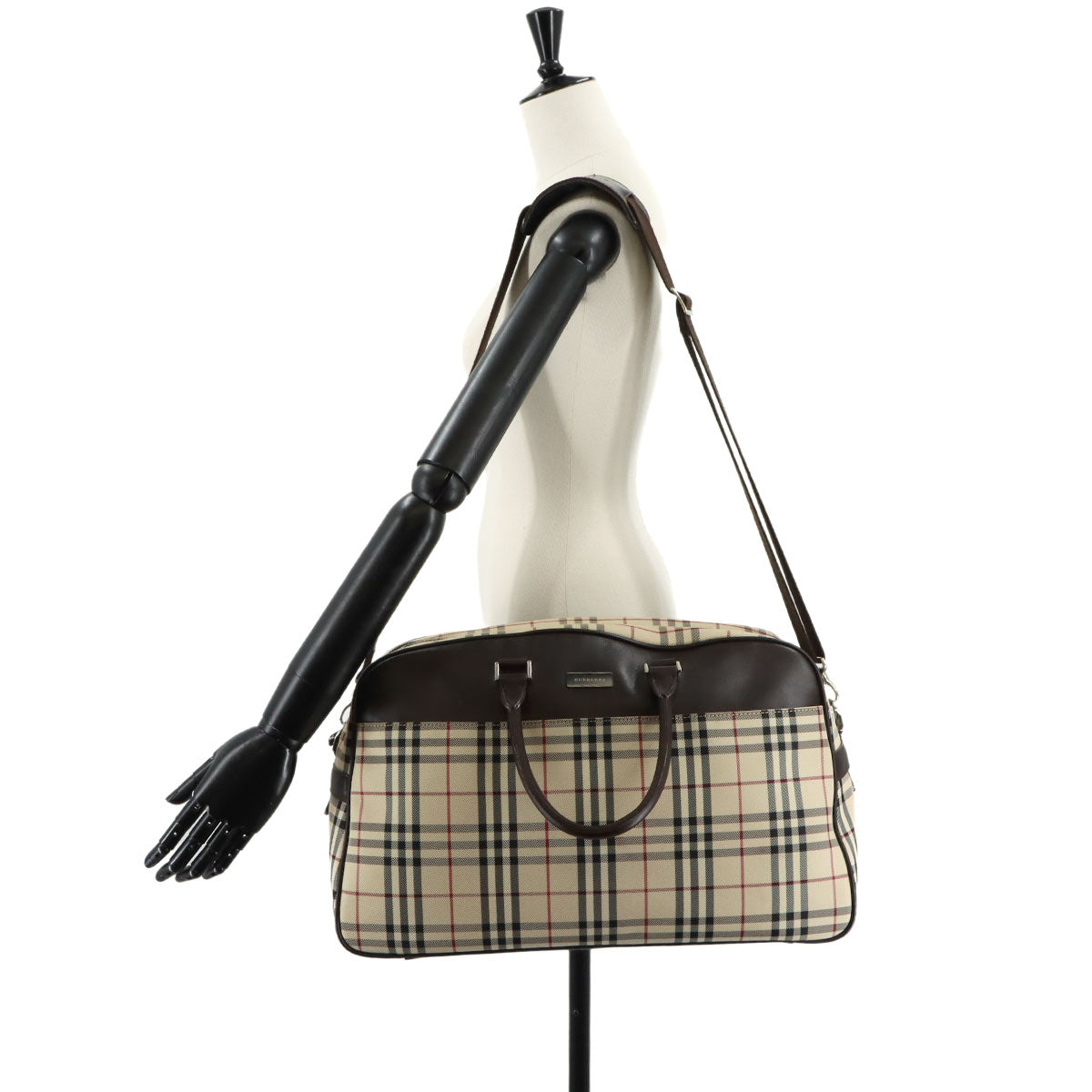 Plaid Boston Shoulder Bag Canvas Leather Beige Brown