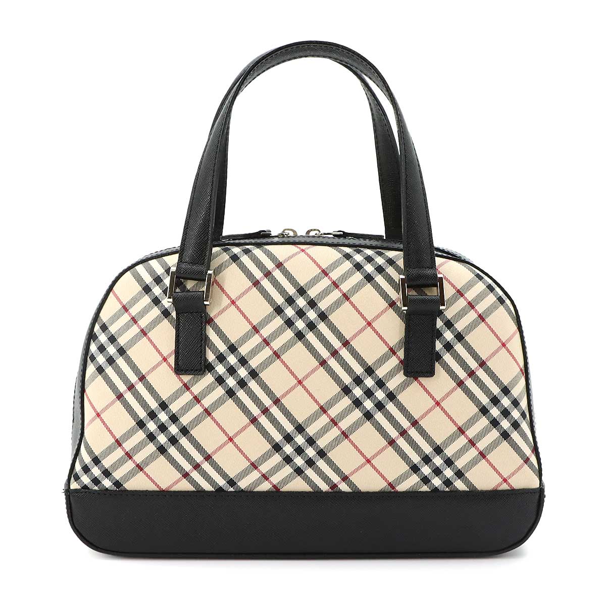Plaid Mini Boston Hand Bag Canvas Leather Beige Black