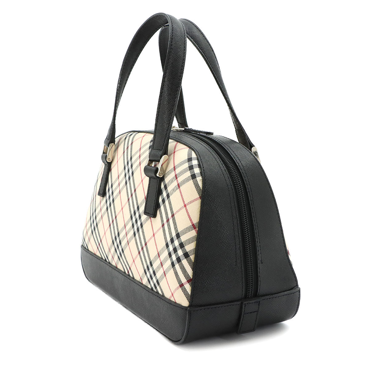 Plaid Mini Boston Hand Bag Canvas Leather Beige Black