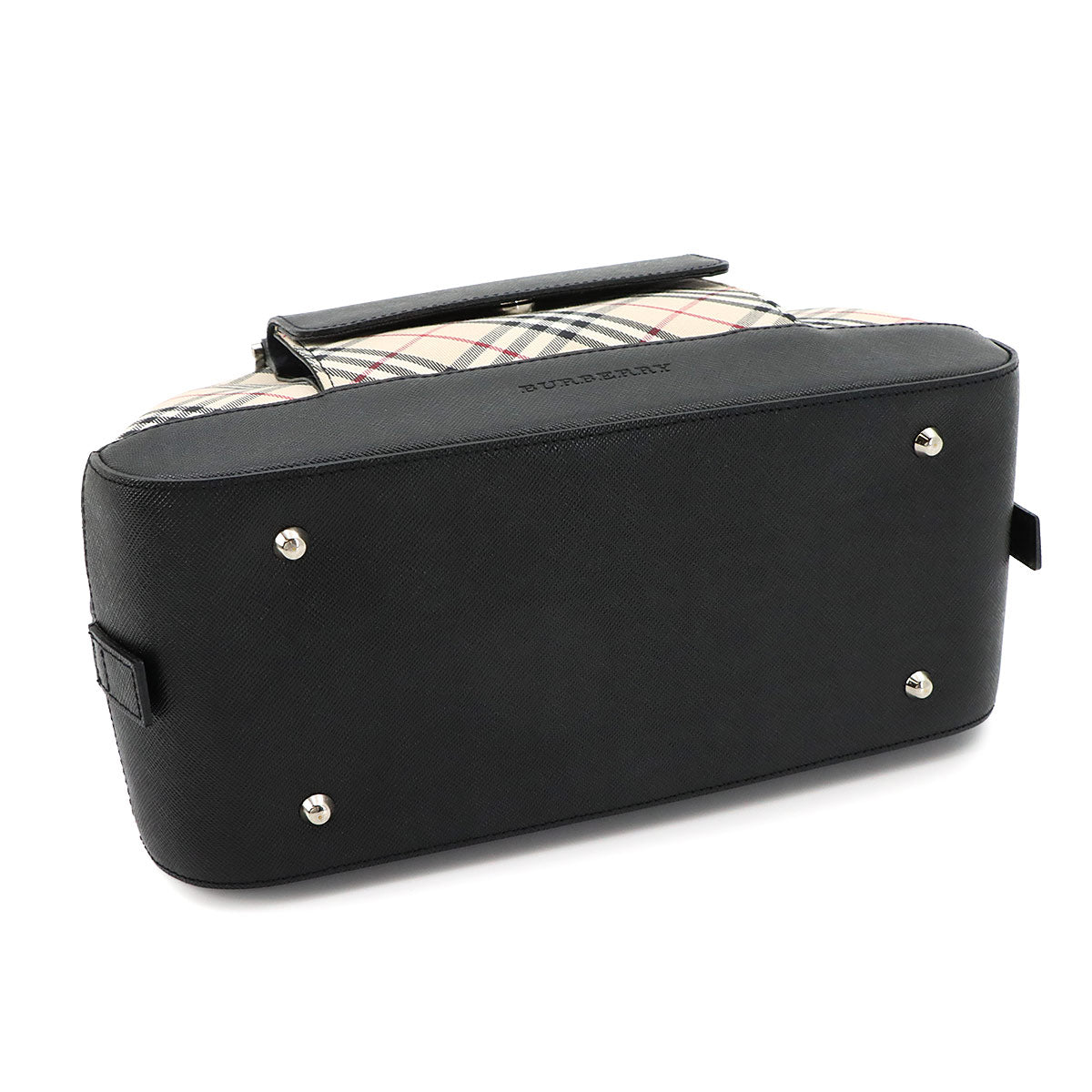 Plaid Mini Boston Hand Bag Canvas Leather Beige Black