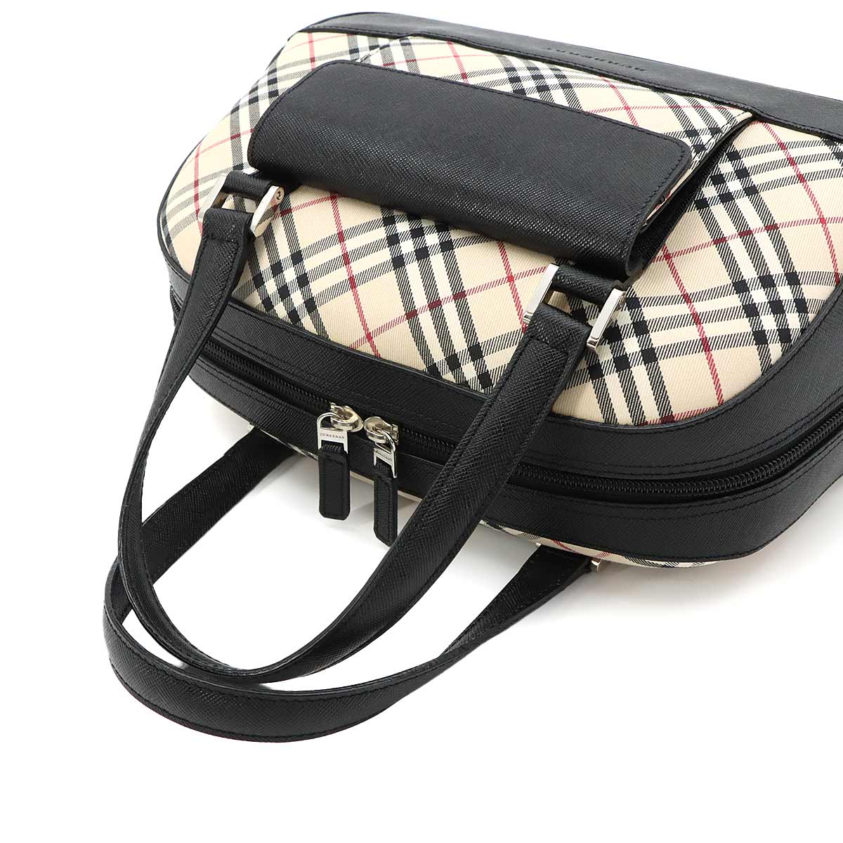 Plaid Mini Boston Hand Bag Canvas Leather Beige Black