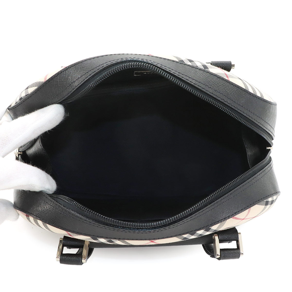 Plaid Mini Boston Hand Bag Canvas Leather Beige Black