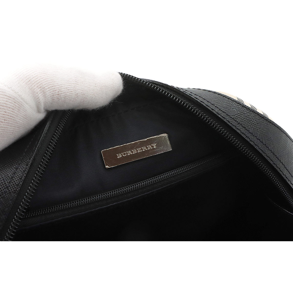 Plaid Mini Boston Hand Bag Canvas Leather Beige Black
