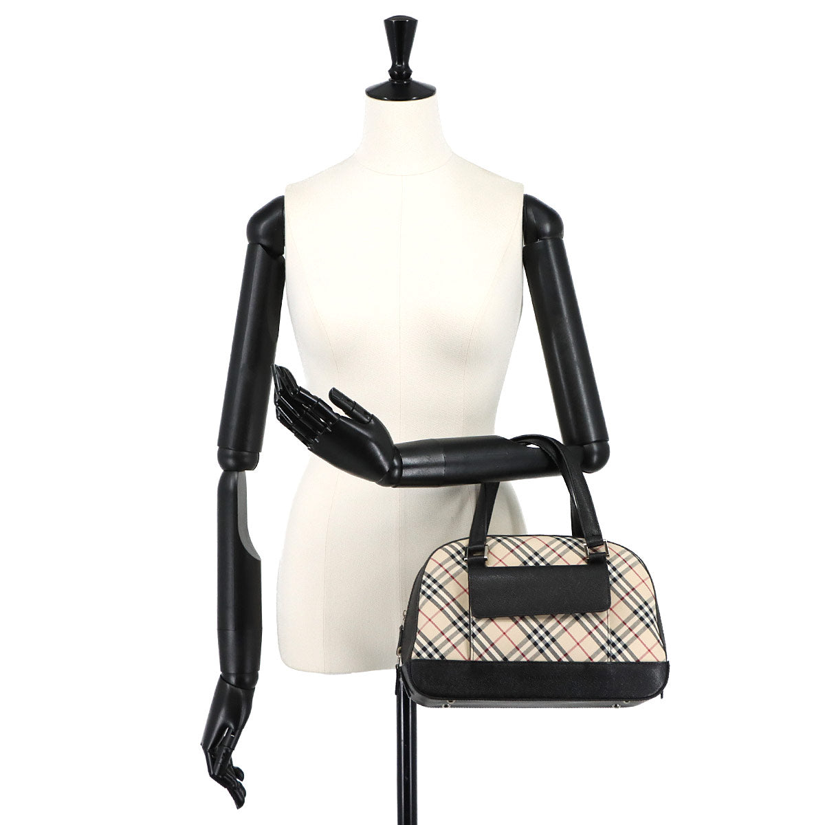 Plaid Mini Boston Hand Bag Canvas Leather Beige Black