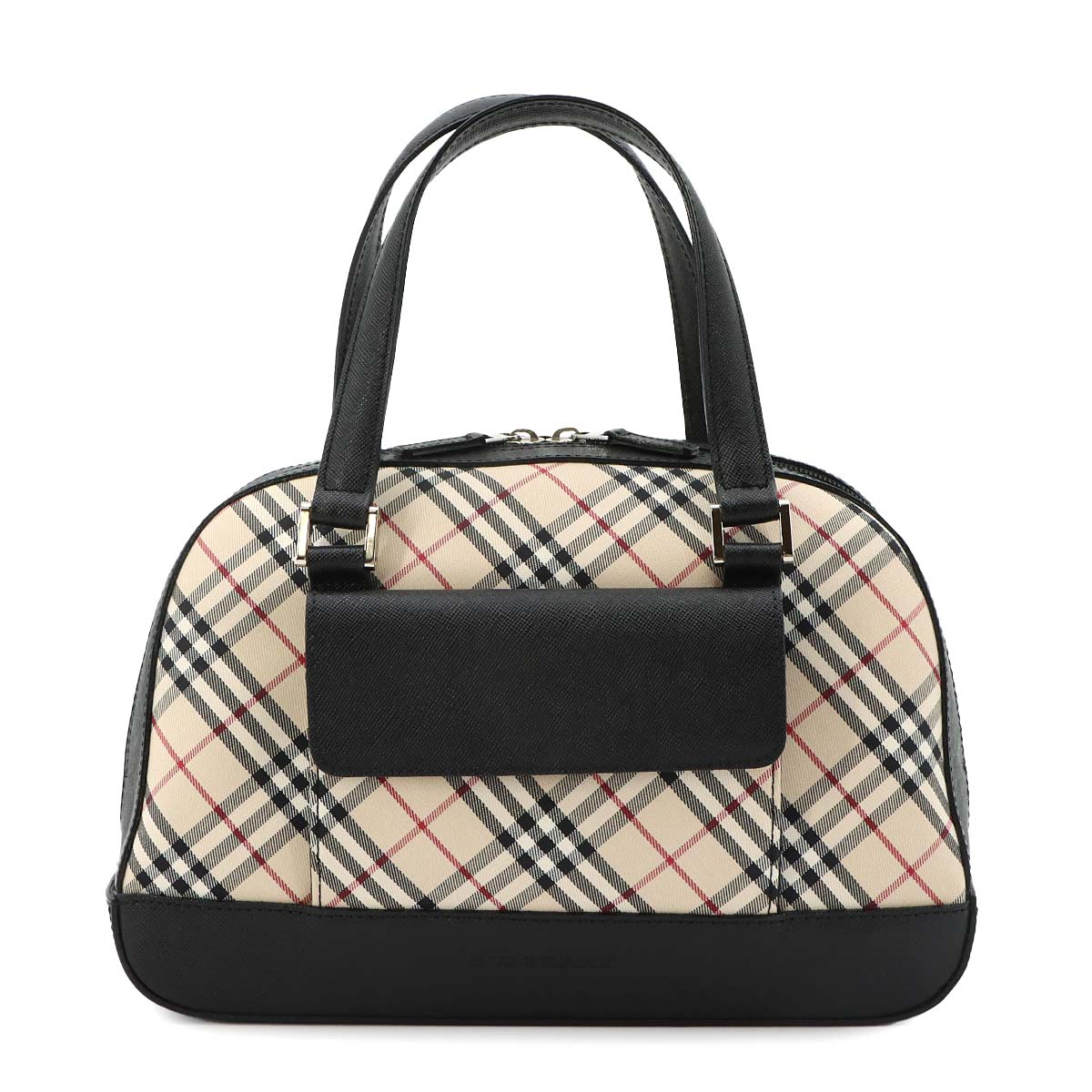 Plaid Mini Boston Hand Bag Canvas Leather Beige Black