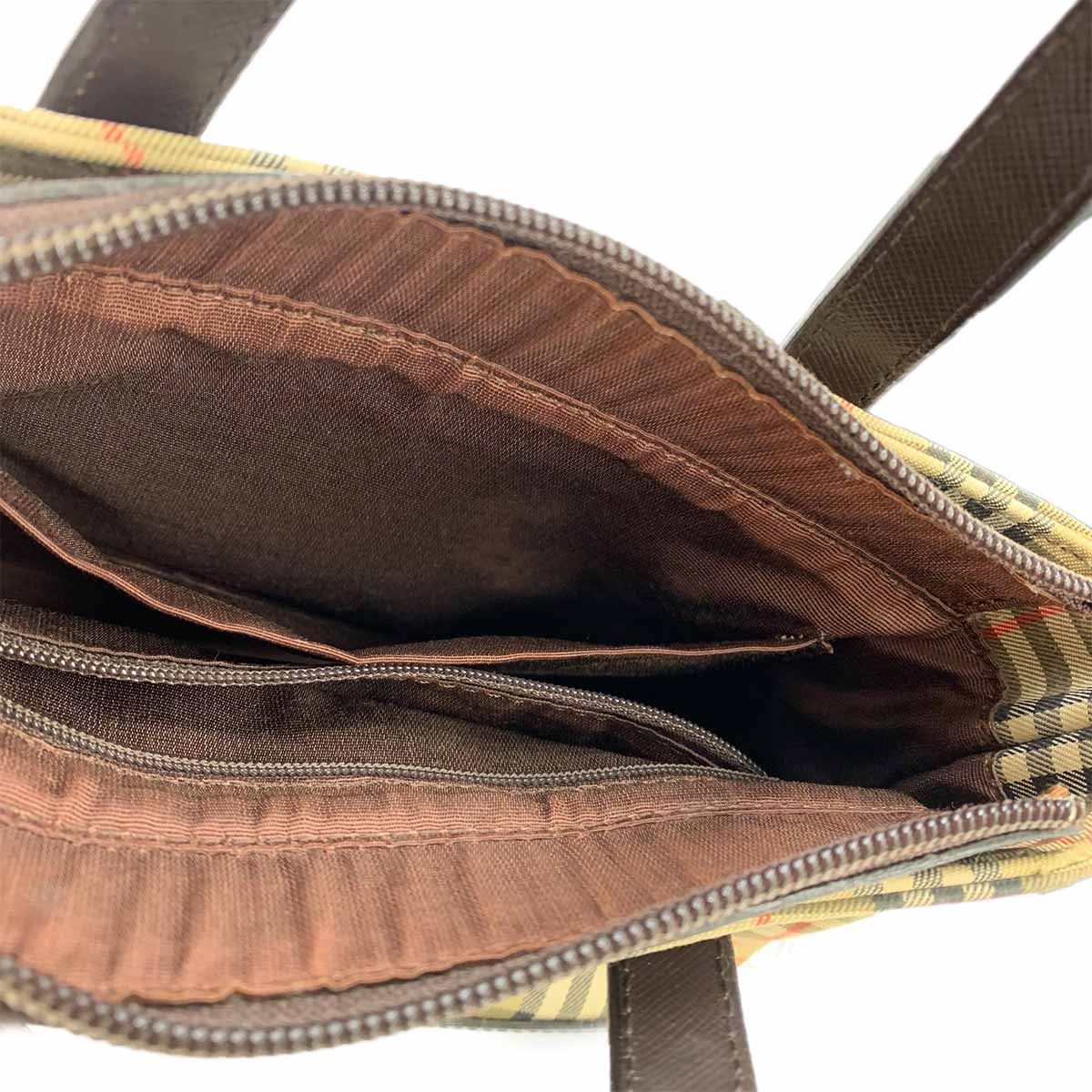 Plaid Hand Bag Canvas Leather Beige Black Haymarket