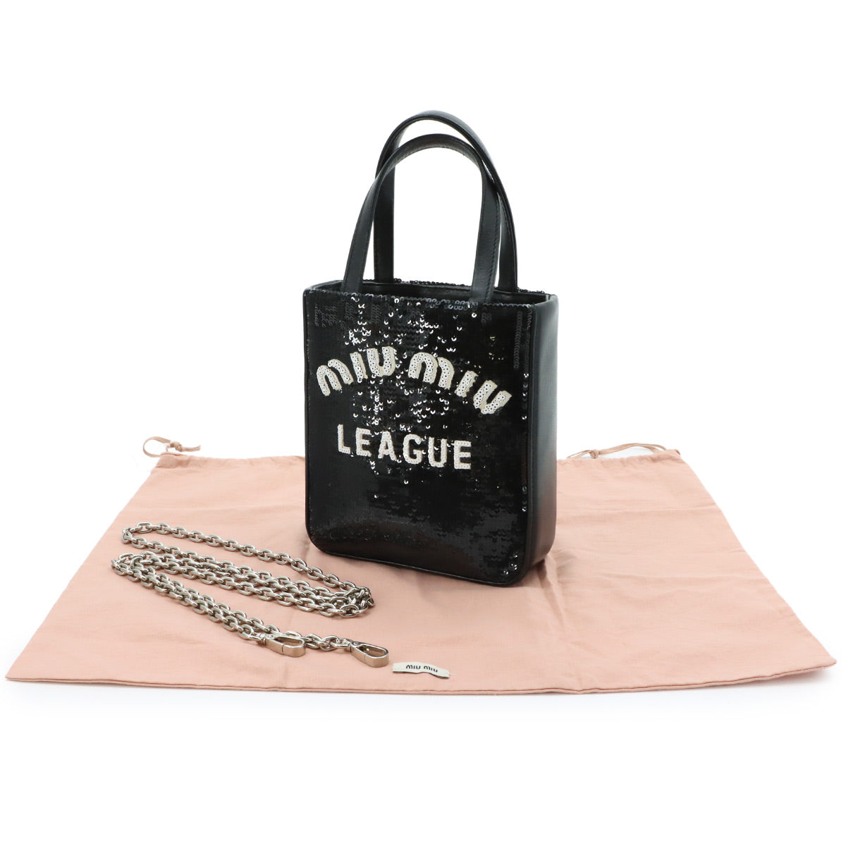 Hand Chain Shoulder Bag Sequins Leather Black 5BA220