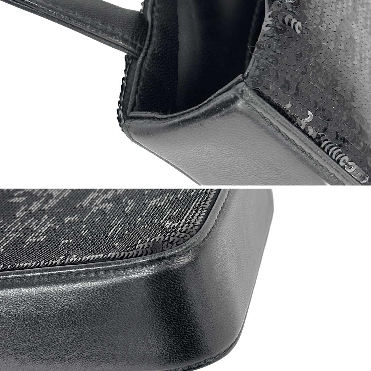 Hand Chain Shoulder Bag Sequins Leather Black 5BA220