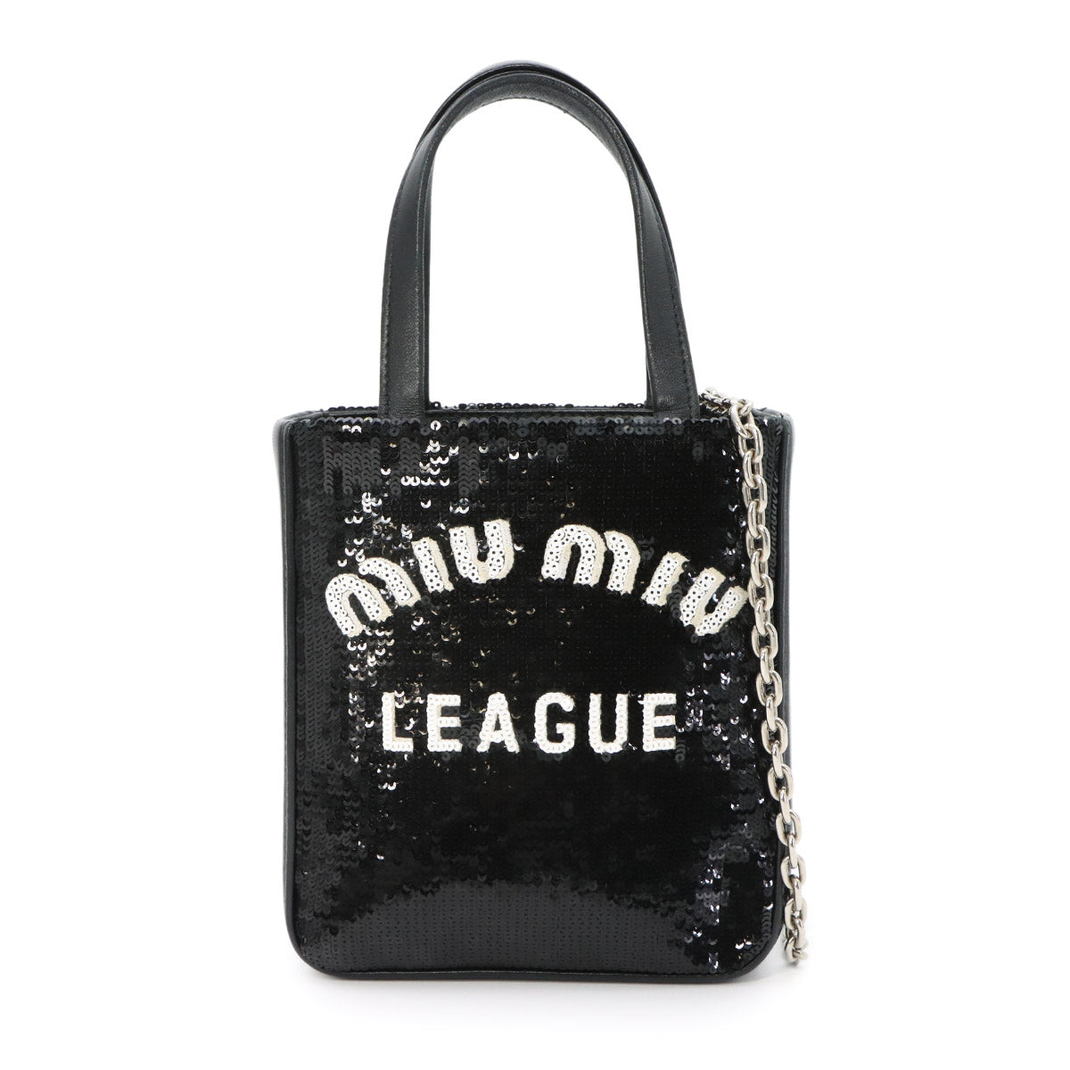 Hand Chain Shoulder Bag Sequins Leather Black 5BA220